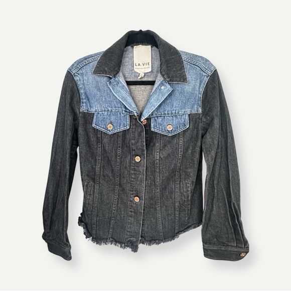 [ REBECCA TAYLOR : La Vie ] Color Block Black and Denim Jacket : M : Like New - Picture 1 of 7